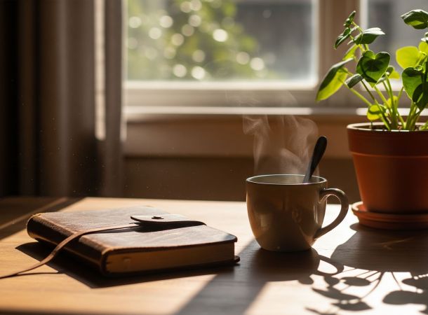 Un entorno matutino tranquilo con un diario, té y luz natural que simboliza el equilibrio emocional