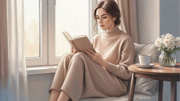 Femme lisant avec une tasse près d’une fenêtre — moment d’apprentissage au calme