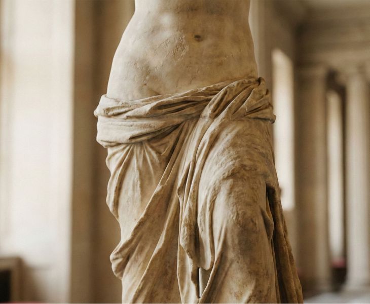Escultura clásica de mármol de una mujer que representa los estándares históricos de belleza.