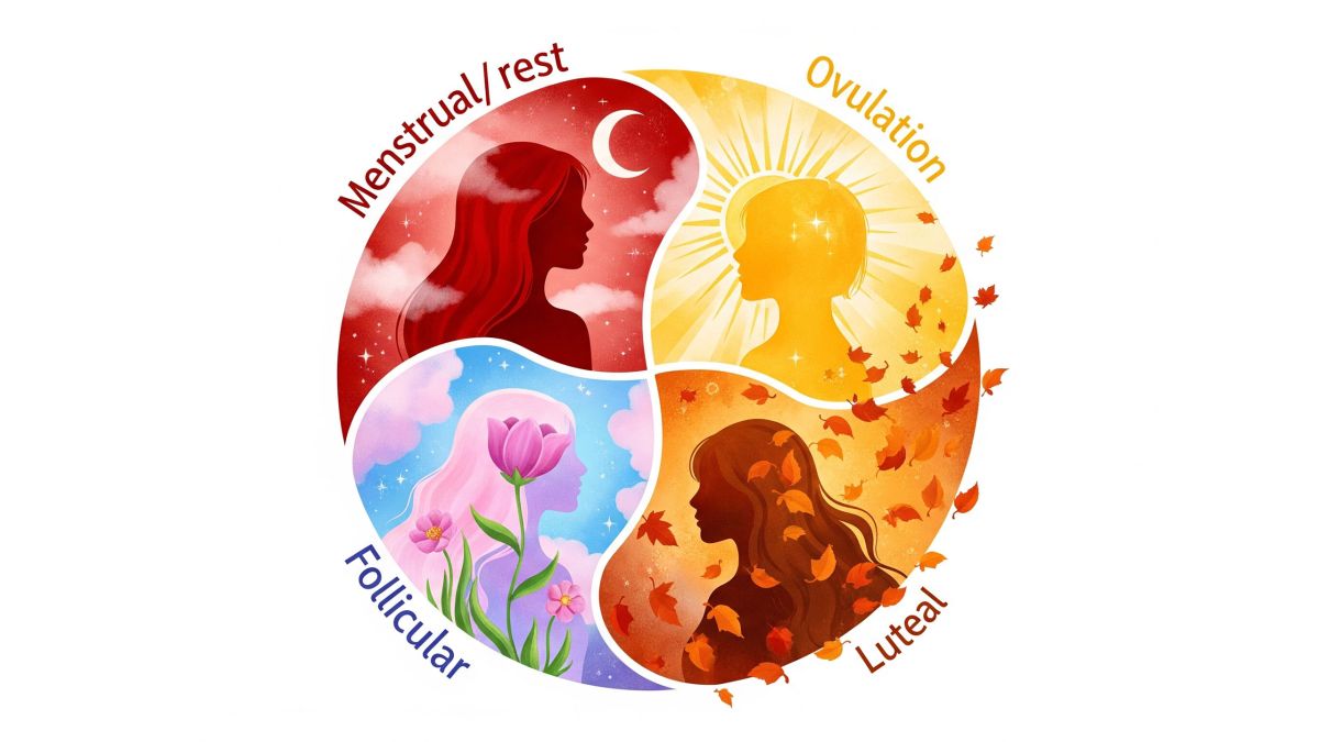 Illustration of the four phases of the female menstrual cycle depicted as a circular dance of hormones and energy.