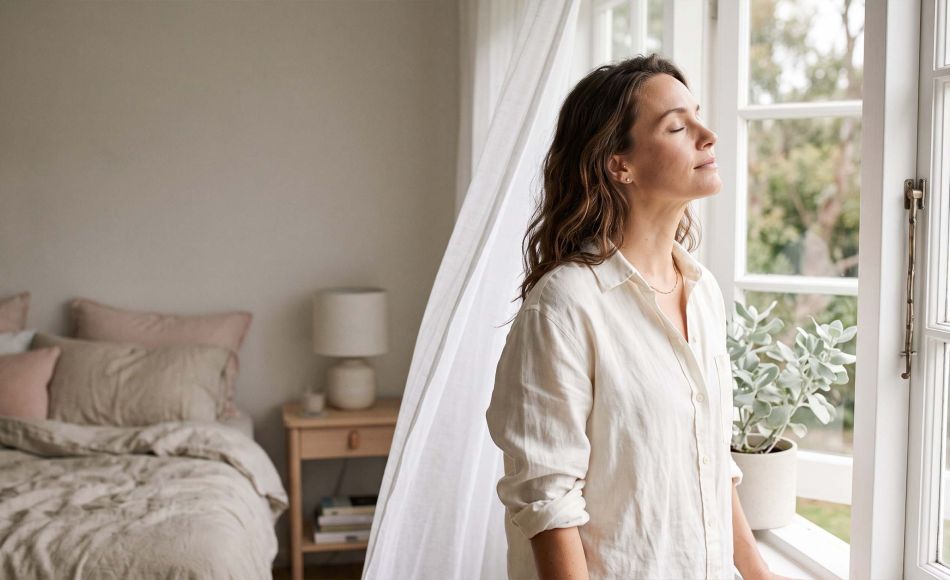 Woman in ivory linen at an open window in soft morning light, illustrating the natural science of female body scent