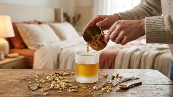 A woman crafting a scented soy candle for a romantic date night.