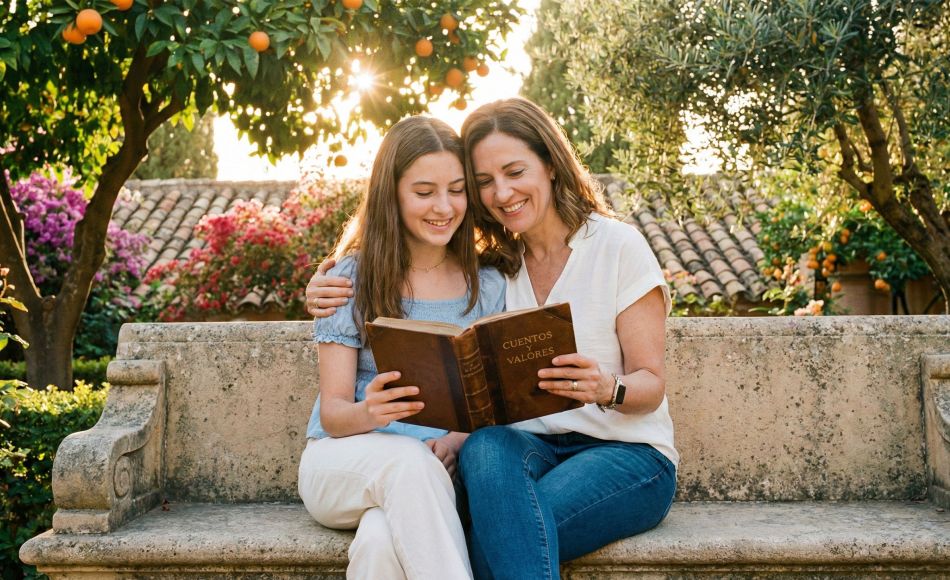 Una madre enseñando valores tradicionales a su hija en un entorno tranquilo.