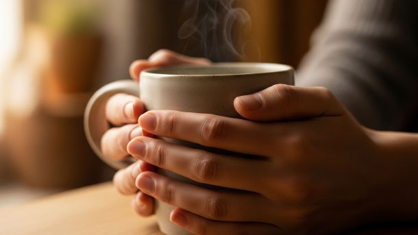 Les mains d'une personne enroulées autour d'une tasse chaude, illustrant une technique d'autosoins simple pour la régulation du système nerveux par la chaleur et le toucher.