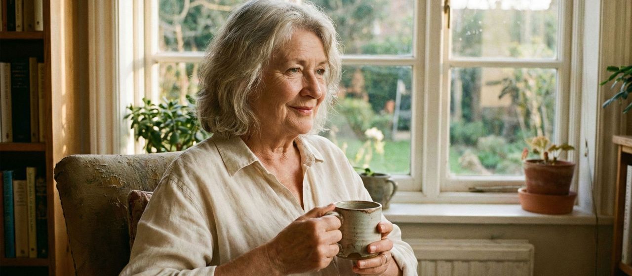 an elegant woman in her late 50s sitting by a sunlit window, holding a ceramic cup.