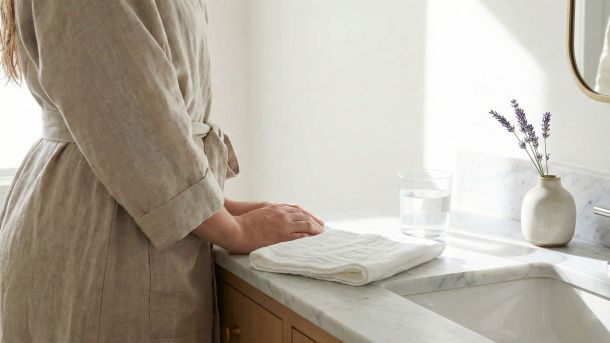 Elegant marble bathroom vanity representing clean and natural feminine hygiene rituals.