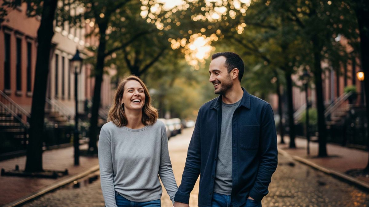 Couple se tenant la main et souriant en marchant ensemble