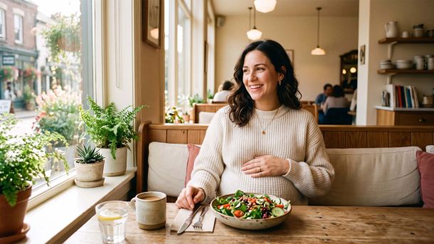 Pregnant woman smiling in a sunlit café with a fresh salad, the legendary labor-inducing salad from Caioti