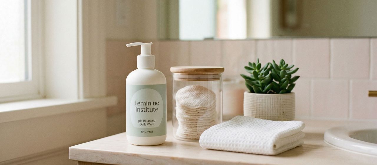 Gentle feminine bathroom scene with natural skincare products representing a mindful women's hygiene routine