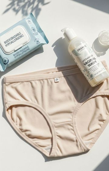Flatlay of gentle vaginal hygiene products like wash, wipes, and cotton underwear