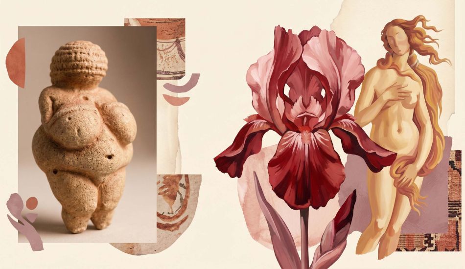 A collage of art-historical feminine forms from prehistoric figurines to Renaissance paintings and abstract botanical canvases