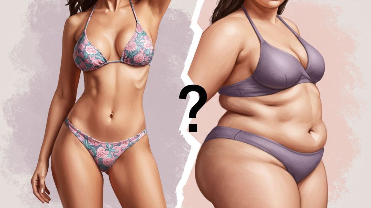 Conceptual image illustrating the dichotomy between unrealistic thin body standards and the new media trend of body absurdity and extreme unhealthy promotion.