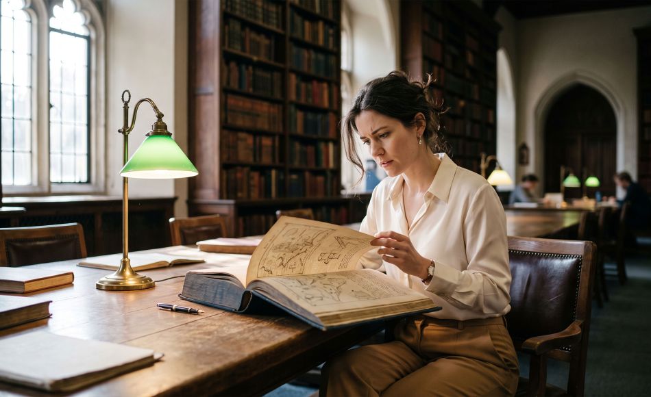 Woman researching the history of female anatomy in old medical textbooks at a sunlit archive library table