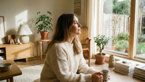A woman practicing mindful breathing in a bright, peaceful room to lower stress levels.