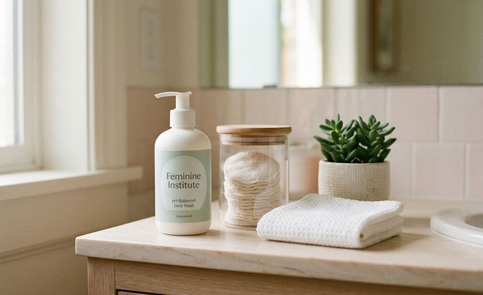 Gentle feminine bathroom scene with natural skincare products representing a mindful women's hygiene routine