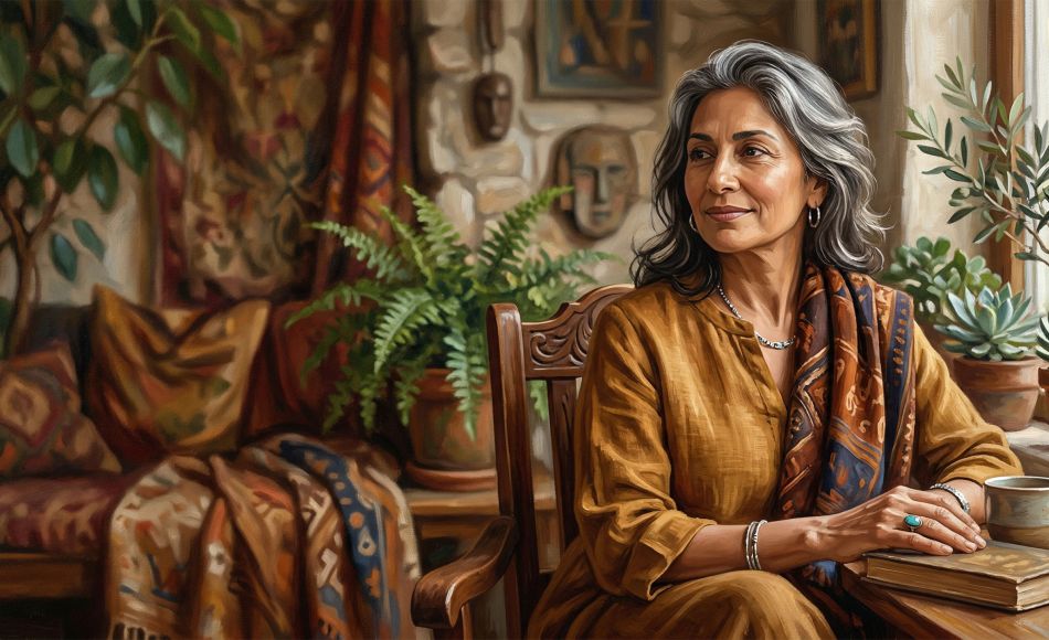 A serene woman in midlife with silver-streaked hair, softly lit, representing female wisdom and cultural perspectives on aging