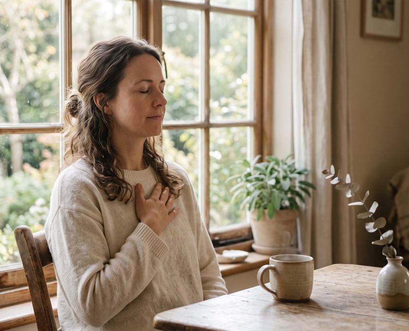 Woman by a window taking a slow breath to calm an overactive nervous system