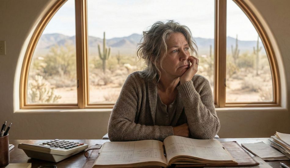Thoughtful 55-year-old woman reflecting on career and family regrets at her accounting desk