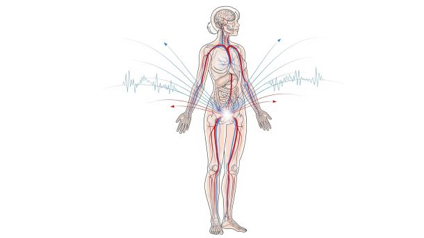 Illustration éducative du cerveau et de l’anatomie pelvienne montrant les schémas de flux nerveux et sanguin pendant l’excitation.