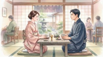 礼儀正しい初対面の場面で、前向きな非言語サインを示す男性と女性。