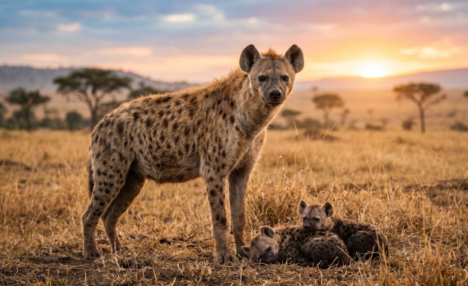 Female spotted hyena standing over her cubs at dawn on the African savannah, exuding authority and alertness