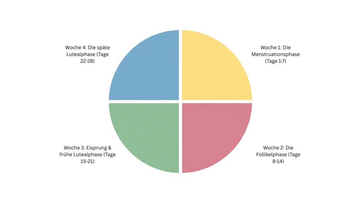 Ein Diagramm, das die vier wöchentlichen Phasen des Menstruationszyklus darstellt.