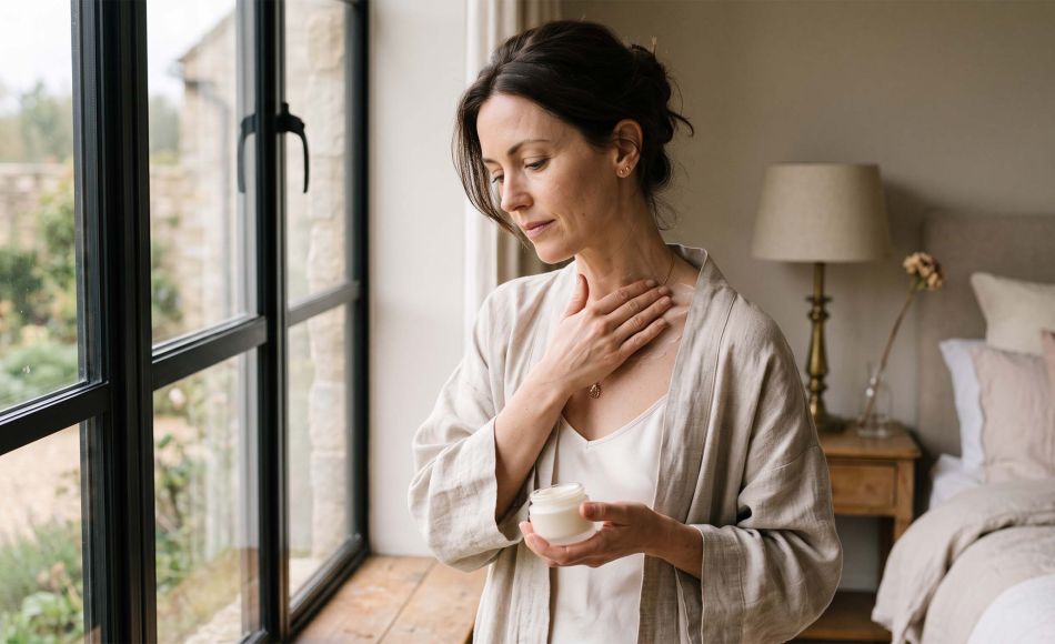 Woman in a linen robe applying cream to her collarbone and décolletage at a sunlit window during her morning skin care routine
