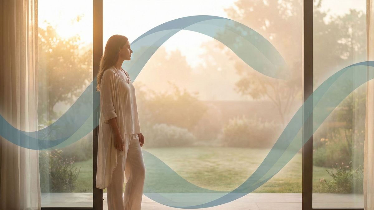 Une femme en réflexion dans une douce lumière, symbolisant l'équilibre hormonal et l'énergie.