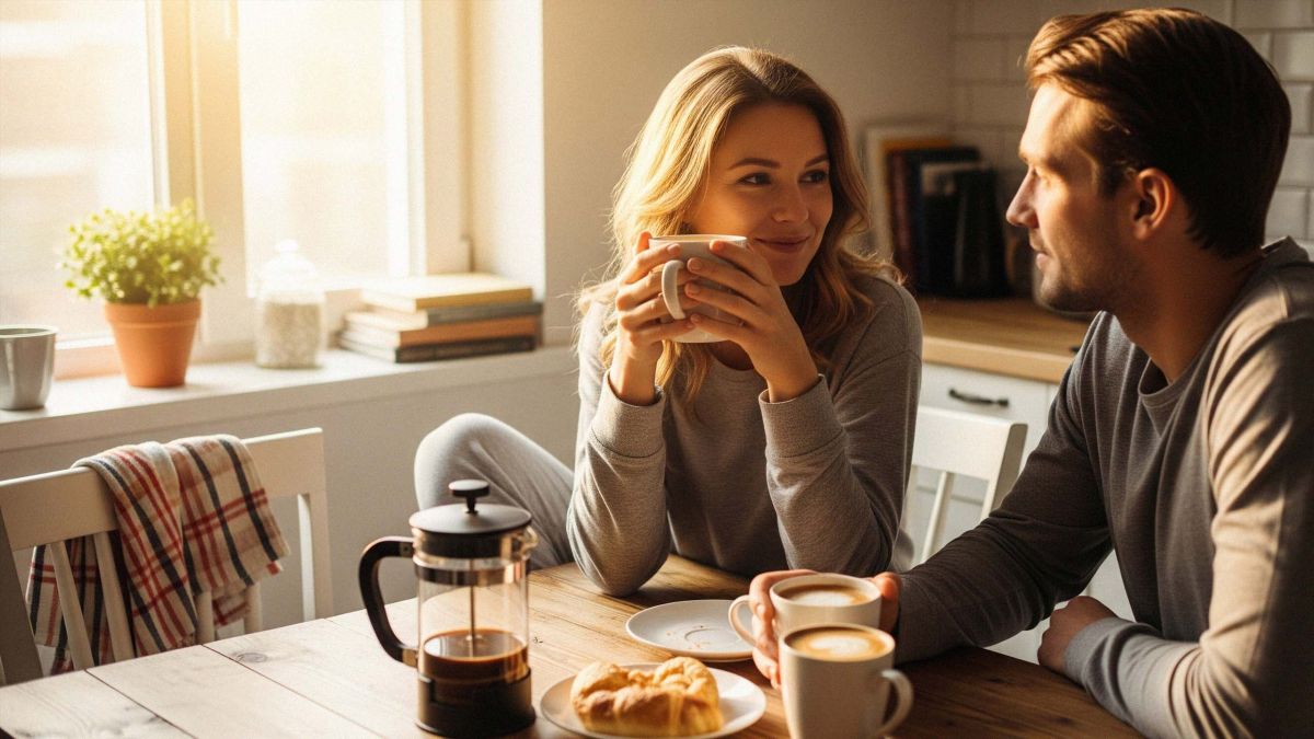 Paar genießt Morgenkaffee als Teil täglicher Romantik-Rituale