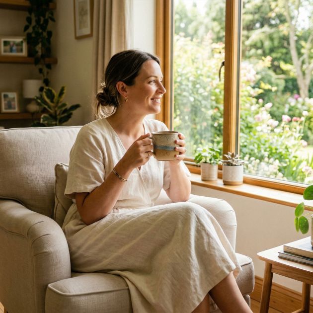 A peaceful woman enjoying a quiet moment in a bright, clean home.