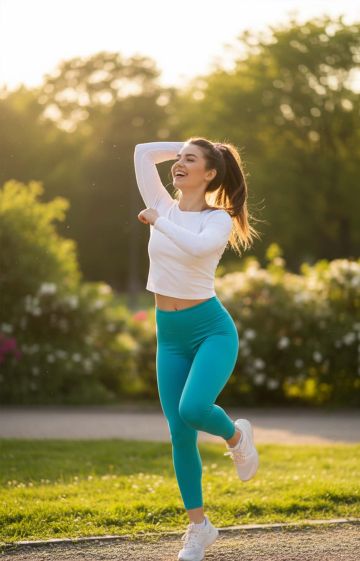 Confident woman enjoying a healthy lifestyle with nourishing foods and joyful movement