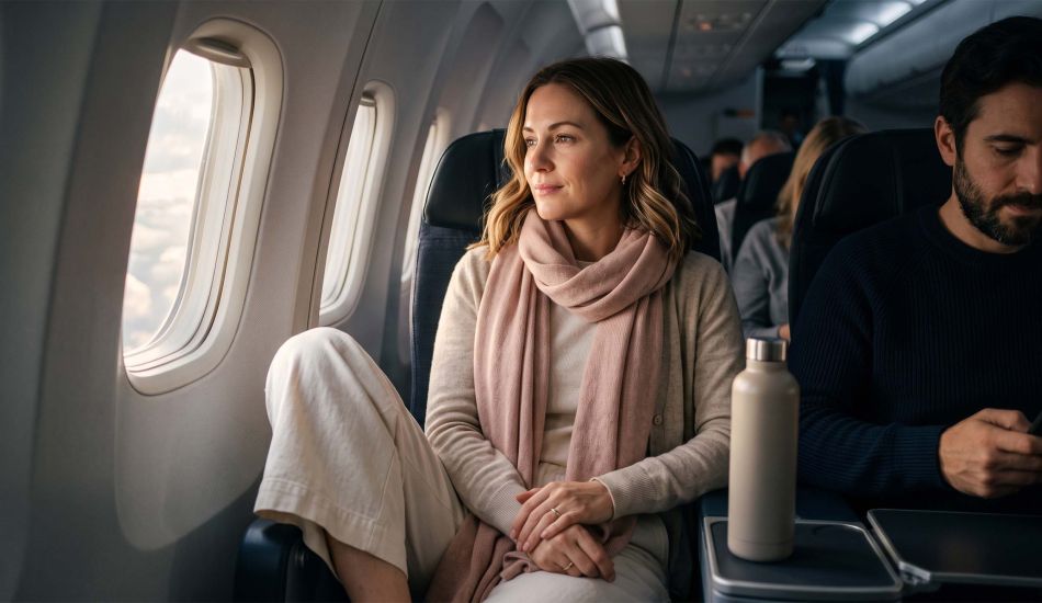 Woman in soft cotton and merino layers resting comfortably in an aircraft window seat on a long-haul flight