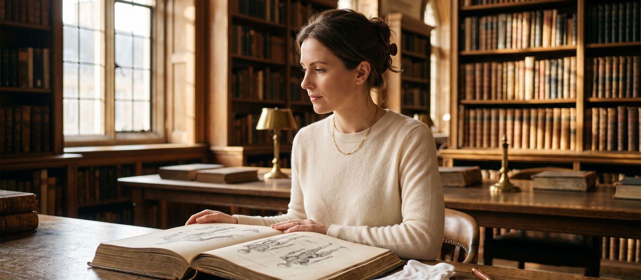 Woman studying a nineteenth-century anatomical folio in a sunlit historical medical library while researching the history of female anatomy