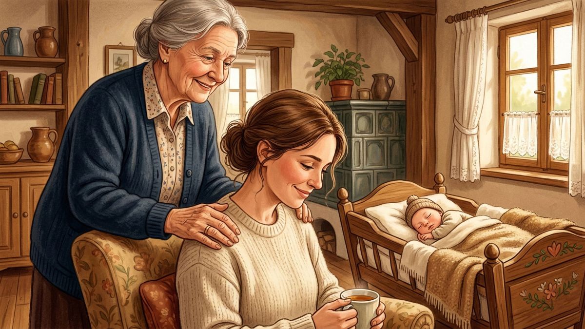 Eine Großmutter unterstützt eine neue Mutter und ihr Baby in einer warmen häuslichen Umgebung.