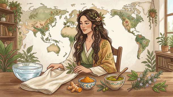 Flat lay minimalista com elementos de bem-estar global: açafrão-da-terra, azeite de oliva, ervas e água cristalina representando tradições de higiene íntima.