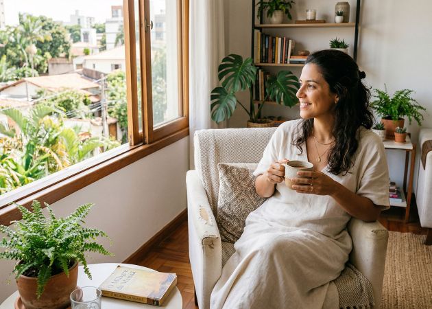 Uma mulher tranquila desfrutando de um momento calmo em uma casa limpa e iluminada.