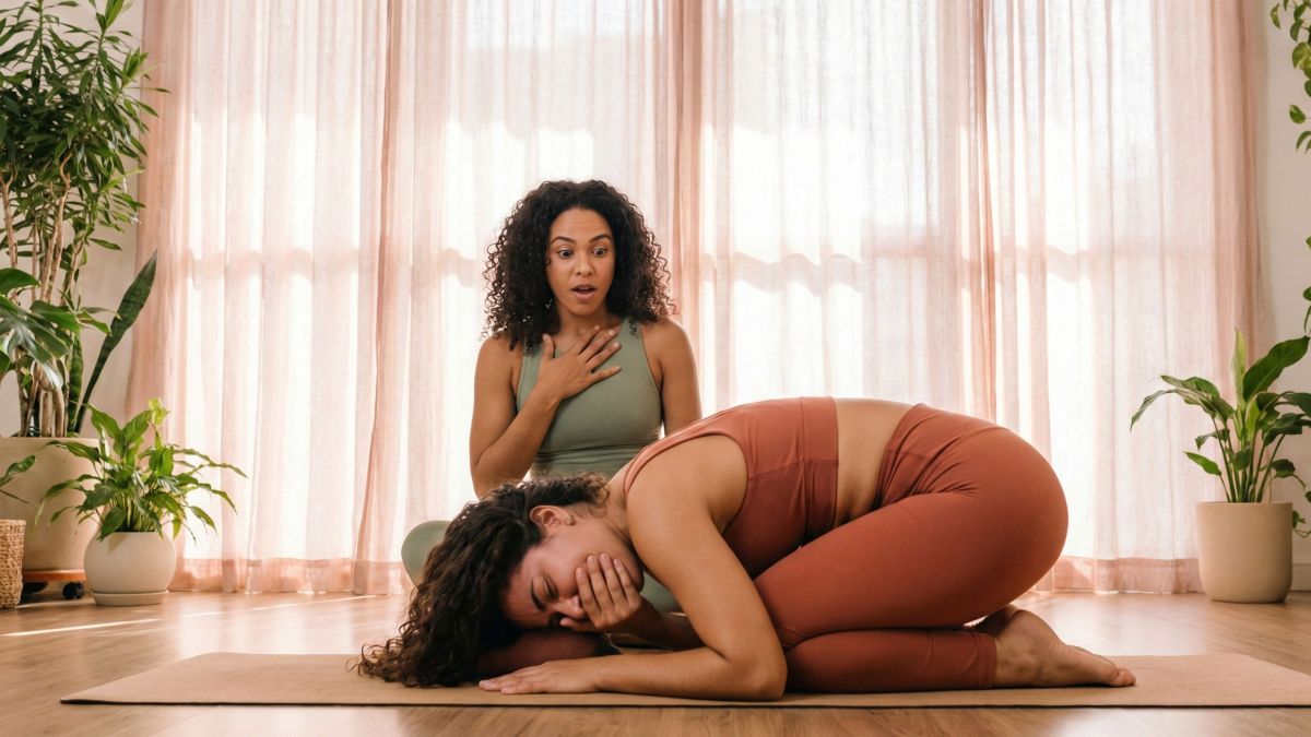 Uma mulher em um ambiente tranquilo de yoga praticando, mas envergonhada por um peido vaginal.