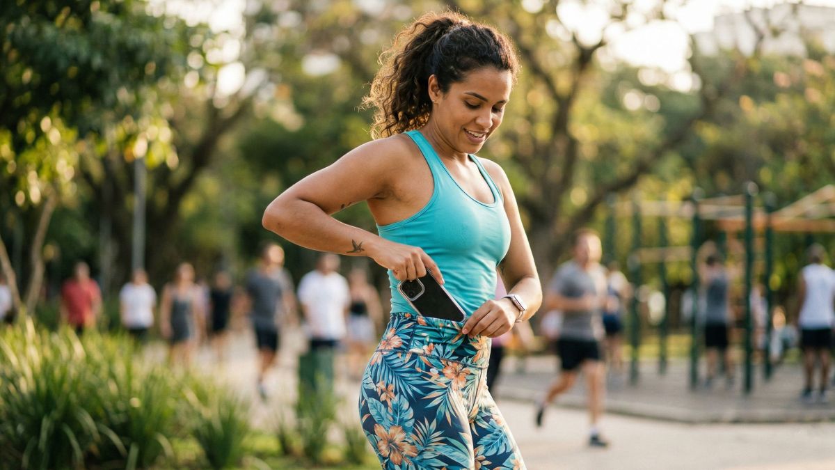 Uma mulher com leggings verde sálvia coloca o smartphone na cintura durante uma caminhada.