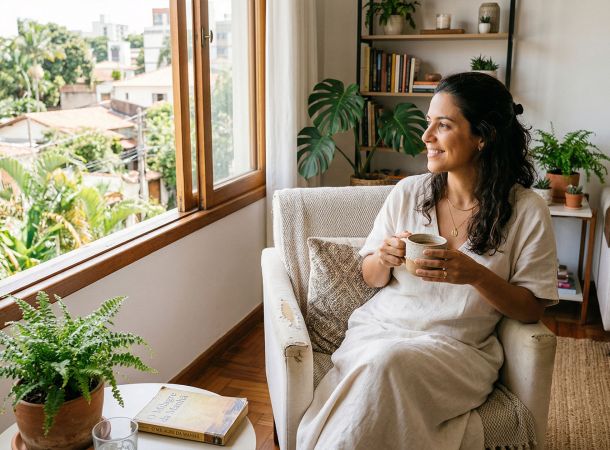 Uma mulher tranquila desfrutando de um momento calmo em uma casa limpa e iluminada.