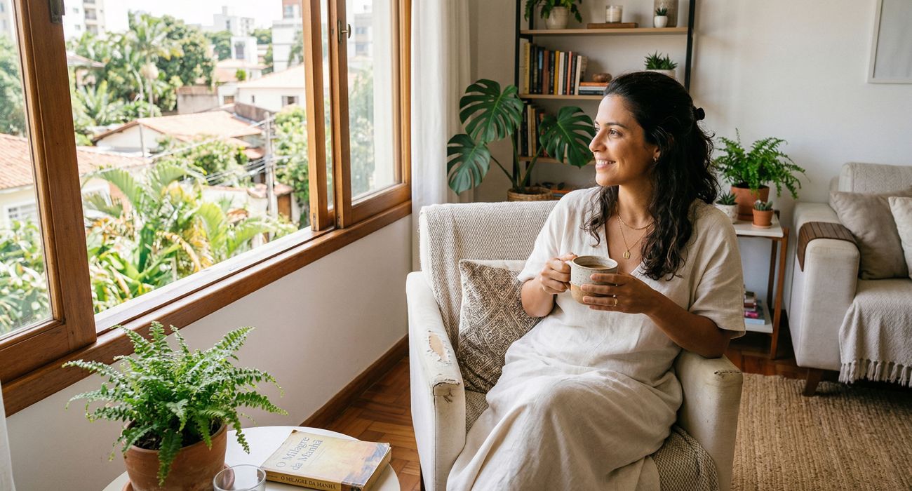 Uma mulher tranquila desfrutando de um momento calmo em uma casa limpa e iluminada.