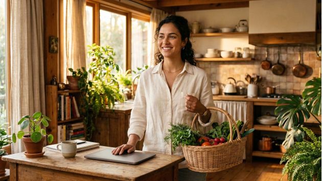 Uma mulher moderna equilibrando família e vida doméstica em um ambiente sereno, representando a mudança de estilo de vida em 2026.