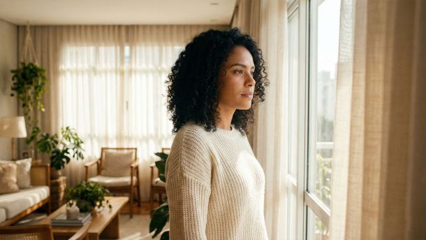 Uma mulher refletindo em um ambiente sereno e iluminado pelo sol, representando paz emocional e graça feminina.