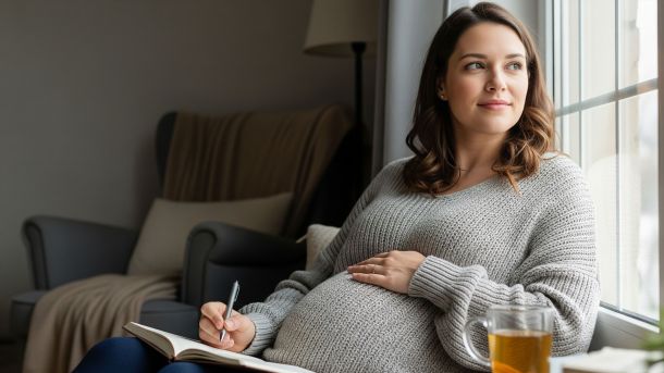 Une femme enceinte assise tranquillement, réfléchissant alors qu'elle se prépare émotionnellement à la maternité.