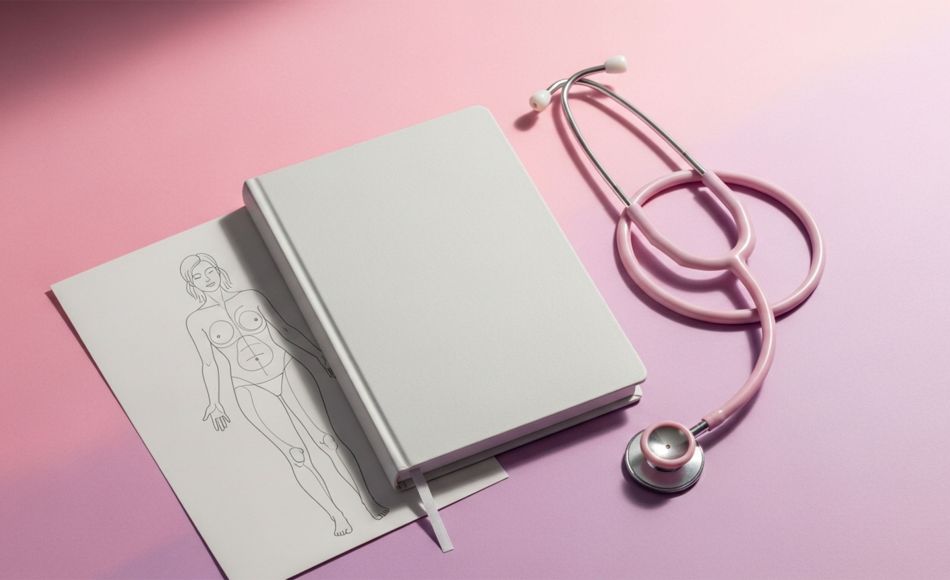 Pastel flat lay with journal, stethoscope, and vulva anatomy card on soft pink background