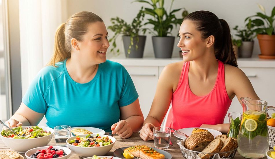 Eine Collage, die verschiedene Frauen unterschiedlicher Größe und Herkunft zeigt, die gesunde Aktivitäten und Essen genießen.