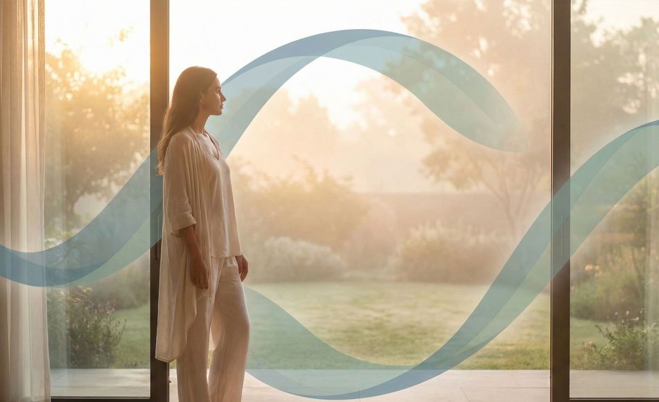 A woman reflecting in soft light, symbolizing hormonal balance and energy.