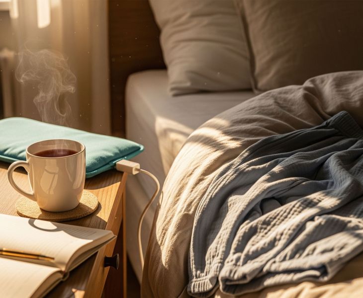 Cozy period comfort setup with tea, heating pad, and journal on a bedside table