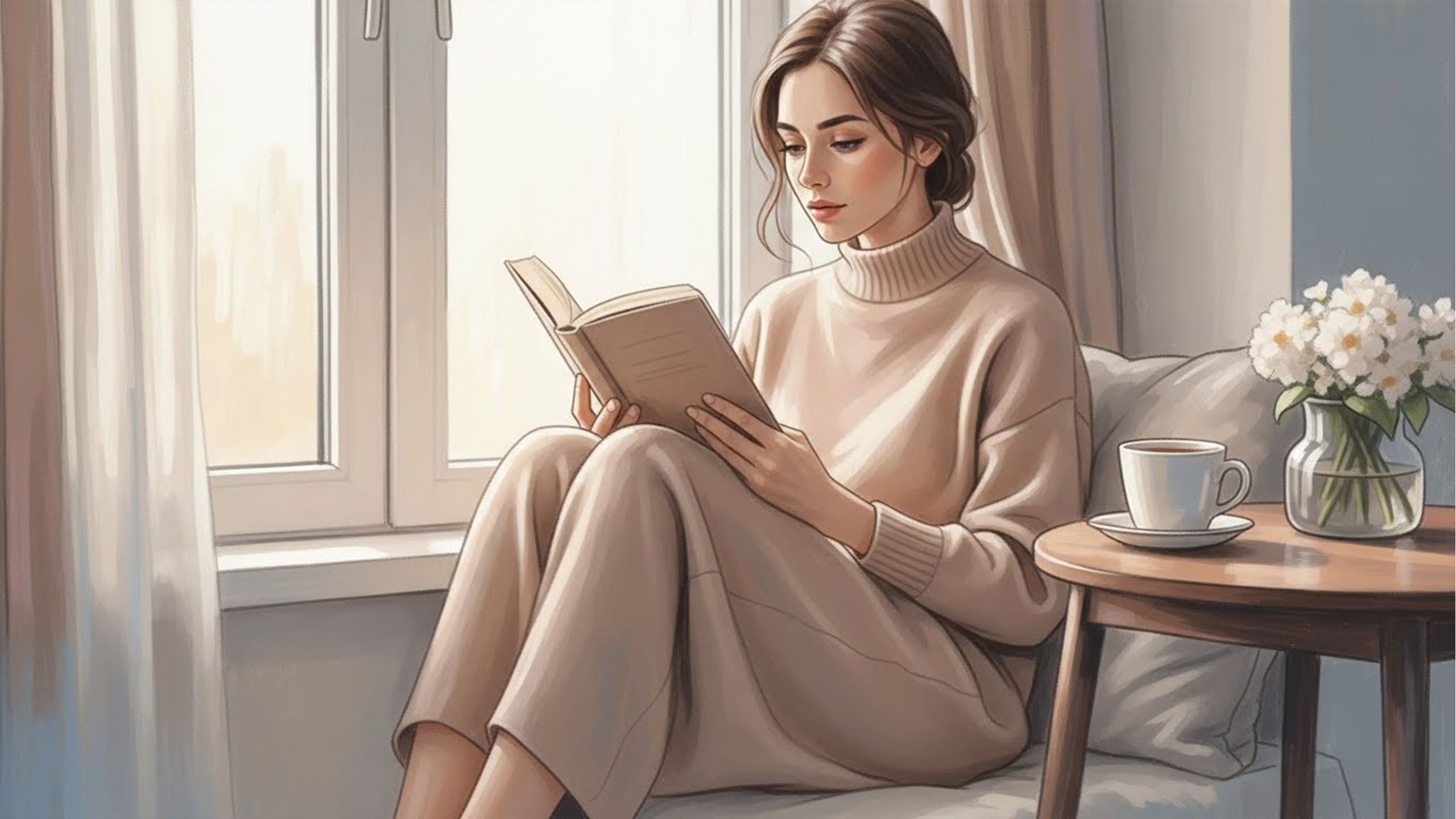 Woman reading with a mug by a window — gentle morning learning moment