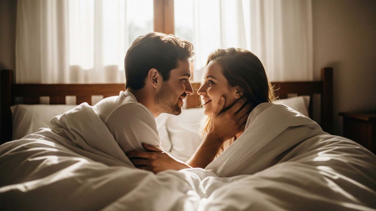 Paar umarmt sich sanft, Darstellung von Intimität und vaginaler Gesundheit