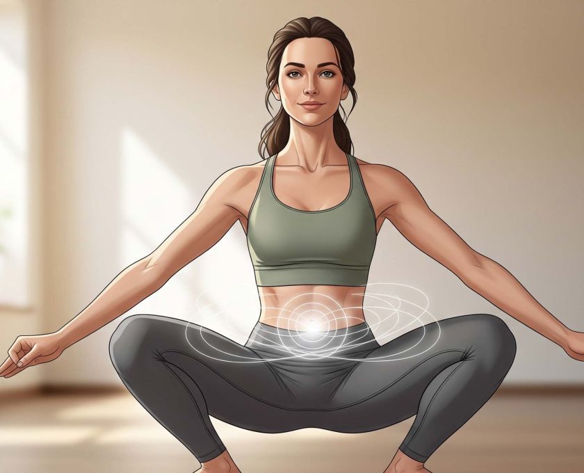 Woman practicing yoga squat to support pelvic floor health
